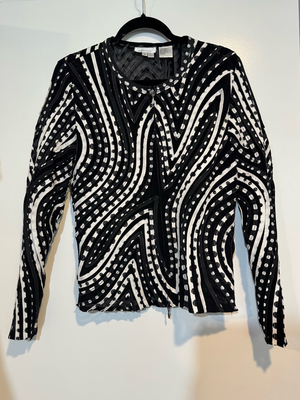 Andrea Rosati Black & White Ribbon Appliqué Mesh Zip Jacket Size 8